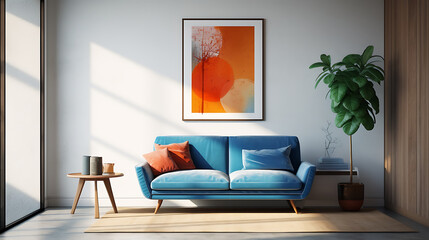 Blue sofa and terra cotta lounge chair against wall with two art posters Minimalist home interior design of modern living room