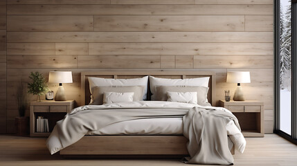 Scandinavian style interior design of modern bedroom. Wood bed with white bedding and bedside cabinets 
