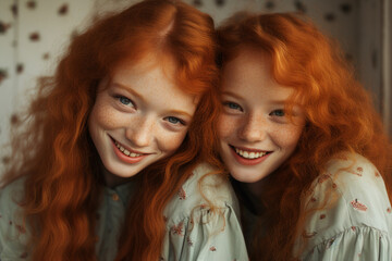 Fototapeta premium Generative AI portrait picture of two happy smiling foxy hair girls sisters twins