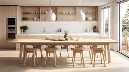 Modern scandinavian, minimalist interior design of kitchen with island, dining table and wooden stool