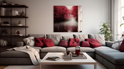 Fototapeta na wymiar Grey sofa with maroon pillows. Farmhouse home interior design of modern living room