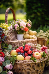 Summer garden harvest, farmers market and country buffet table, cakes and desserts in wicker basket in the garden, food catering for wedding and holiday celebration, floral decor