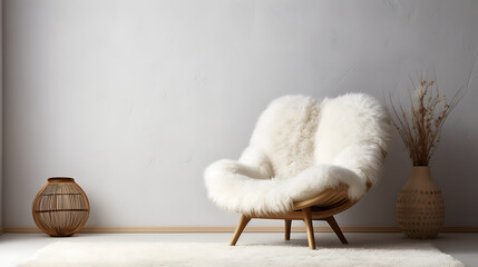 Fluffy fur sheepskin lounge chair on shaggy rug against venetian stucco wall with copy space. Minimalist home interior design of modern living room - obrazy, fototapety, plakaty