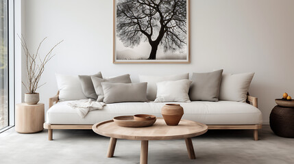 White cozy sofa with pillows and plaid. Scandinavian home interior design of modern living room