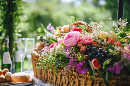 Summer garden harvest, farmers market and country buffet table, cakes and desserts in wicker basket in the garden, food catering for wedding and holiday celebration, floral decor