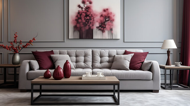 Grey sofa with maroon pillows. Farmhouse home interior design of modern living room