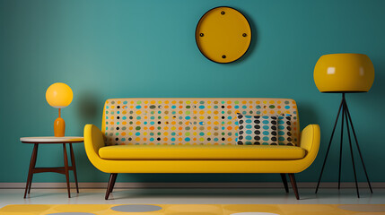 Yellow loveseat sofa and side tables against of colorful circle patterned wall. Mid century interior design of modern living room