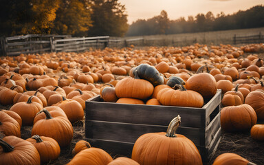 Close up photograph of a pumpkin harvest in a wooden box