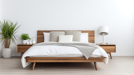 Scandinavian style interior design of modern bedroom. Wood bed with white bedding and bedside cabinets 