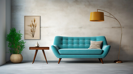 Teal curved sofa against concrete wall. Mid-century, scandinavian home interior design of modern living room