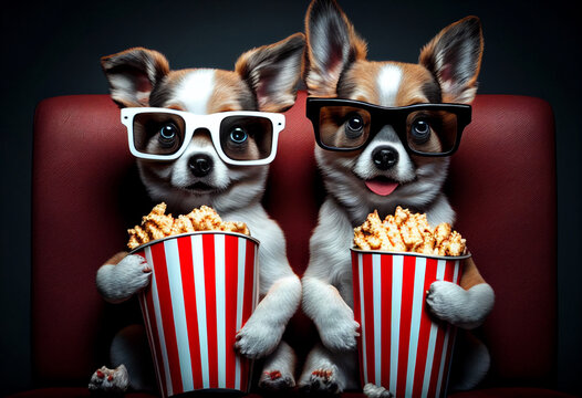 Puppies sitting in a movie theater. AI Generated