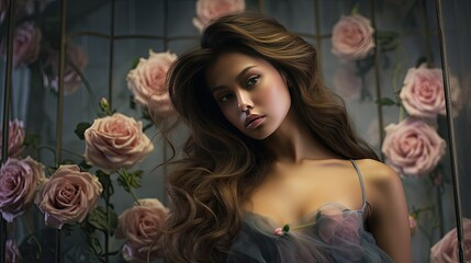 Model with cascading hair, amidst a smoky ambiance, with roses and lilies in the background
