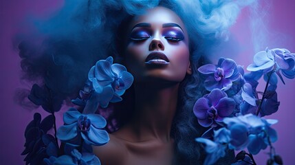 Mystical model ensconced in blue smoke, with blue orchids enriching the scene