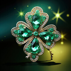 Jewelry brooch with green emeralds on dark background - obrazy, fototapety, plakaty