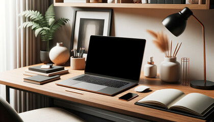 Modern workplace with laptop and stationery on wooden table, closeup. Generative AI