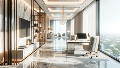 Luxury office interior with panoramic city view. Generative AI