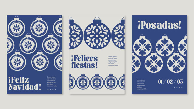 Conjunto de tarjetas postales, p&oacute;ster, invitaci&oacute;n, Navidad mexicana esferas, posadas navide&ntilde;as. Ilustraci&oacute;n vectorial para dise&ntilde;o gr&aacute;fico y web, banner de redes sociales, material de marketing.
