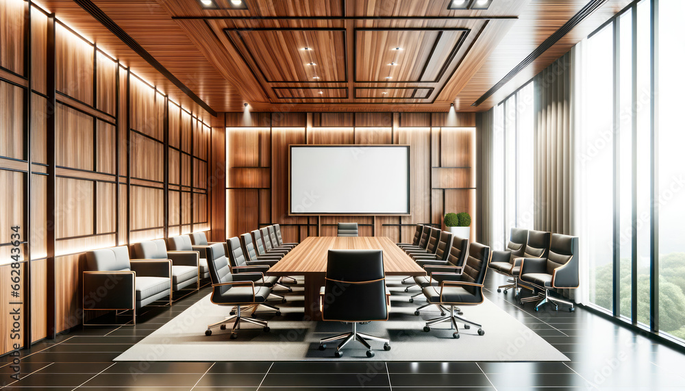 Wall mural Interior of modern conference room with wooden walls, tiled floor, rows of armchairs and blank whiteboard. Generative AI