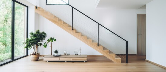 Modern house with simple furnishings light wooden floors white walls large black framed windows...