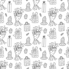 Seamless pattern with bouquets of flowers, birthday cakes, gift boxes,  presents and sweets. Doodle hand drawn vector illustration on white background black outline.