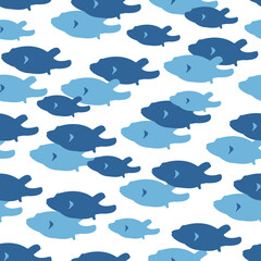 Bannerfish school seamless pattern. Simple fish shape silhouette graphic wallpaper. Vector repetitive textile and fabric print swatch. Blue fish. Square underwater composition.