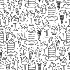 Seamless pattern with ice cream,  cakes and candies. Doodle hand drawn vector illustration on white background black outline.
