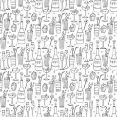Seamless pattern with cocktails, drinks, bottle of champagne, cupcakes and lollipops. Doodle hand drawn vector illustration on white background black outline.