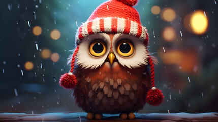 Cute christmas  owl in a red hat on a background of falling snow.