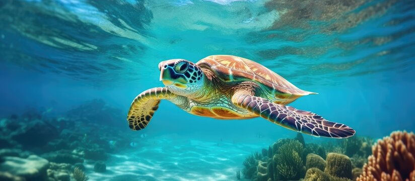 Endangered green turtle in tropical sea a wild marine animal in its natural environment With copyspace for text