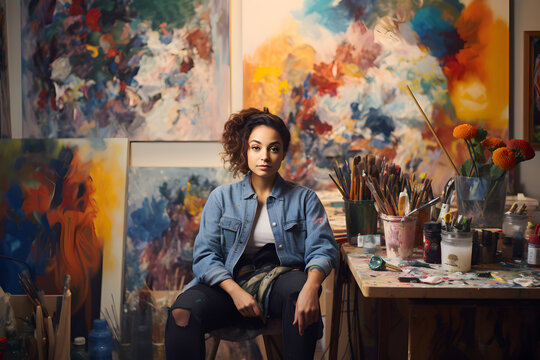 A young Latina artist begins her day in a colourful art studio surrounded by paints and canvases.