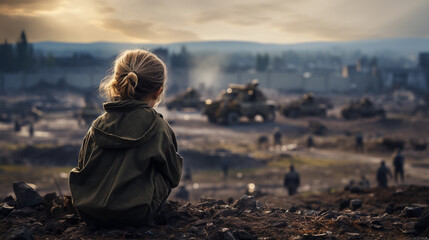 A lone girl in the war, representing childhood and families in crisis in the Middle East - obrazy, fototapety, plakaty