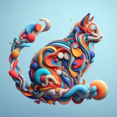 Obraz premium A cat, minimalistic colorful organic forms, energy, assembled, layered, depth, alive vibrant, 3D, abstract, on a light blue background