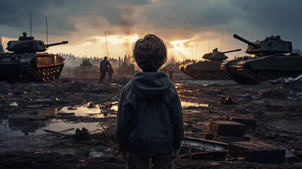 Children amidst a war conflict, with refugees and humanitarian crisis - obrazy, fototapety, plakaty
