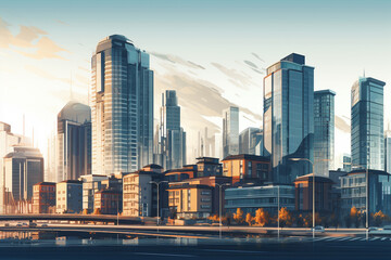 Modern business center with skyscrapers at sunset. 3D rendering