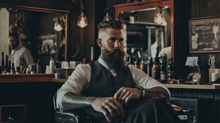 Fototapeta na wymiar A stylish model with a beard, sitting in the barbershop chair