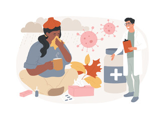 Seasonal Flu isolated concept vector illustration. Seasonal influenza virus, contagious respiratory illness, flu treatment recommendation, vaccination, acute infection symptoms vector concept.