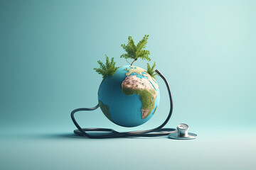 Earth globe with stethoscope on blue background. 3D rendering