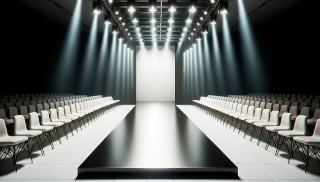 Empty fashion catwalk with white seats and spotlights, mockup. Generative AI