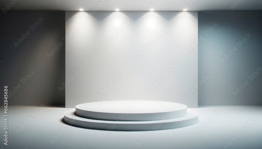 Poster white podium in empty room with spotlights. mockup. generative ai