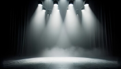 Theater stage with floodlights and smoke. Mockup. Generative AI