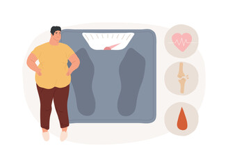 Obesity health problem isolated concept vector illustration. Obesity main causes, overweight treatment, obese people, fast junk food, body fat, low daily activity, bad shape vector concept.