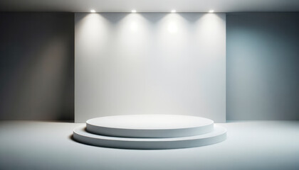 White podium in empty room with spotlights. Mockup. Generative AI