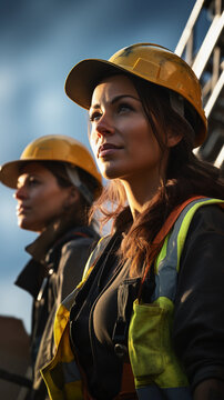  female woman workers at the top of an industrial construction site vertical