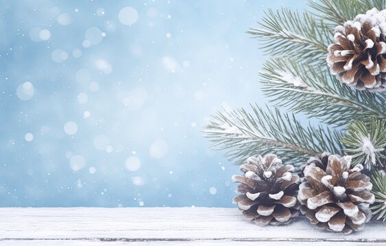 A snowy winter image with Christmas tree branches and cones on a wooden table with blurry lights and a foggy background. Space-efficient copy table. Concentration on the cones.