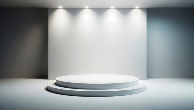 White podium in empty room with spotlights. Mockup. Generative AI © Who is Danny