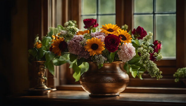 A bouquet of freshly picked flowers, beautifully arranged in a vintage vase