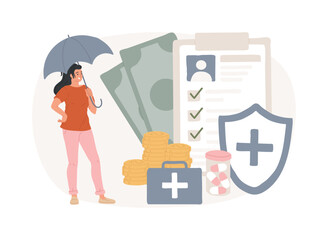 Health insurance isolated concept vector illustration. Health insurance contract, medical expenses, claim application form, agent consultation, sign document, emergency coverage vector concept.