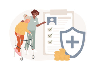 Care allowance isolated concept vector illustration. Pension contribution, old disabled person, regular care, senior woman on walker, wheelchair, home nurse, health insurance vector concept.