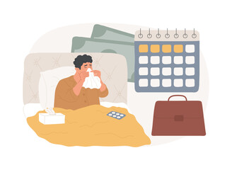 Sick leave isolated concept vector illustration. Paid days, stay home, without losing pay, social insurance, ill worker, sick businessman, home office, cold and flu, thermometer vector concept.