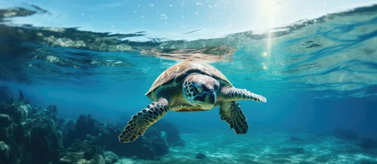 Foto op Canvas Approaching camera a sea turtle swims With copyspace for text © 2rogan